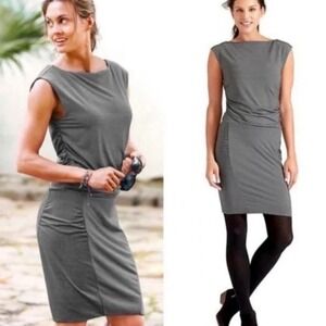 Athleta‎ Westwood Micro Striped Ruched Dress Gray Large Sides Stretchy Jersey
